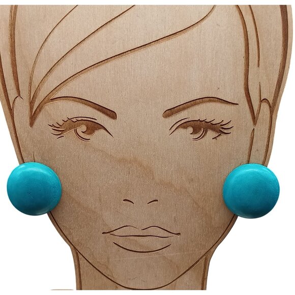 Vintage Teal Button Stud Earrings Minimalist 1980s Style Lightweight Wooden - Picture 1 of 4